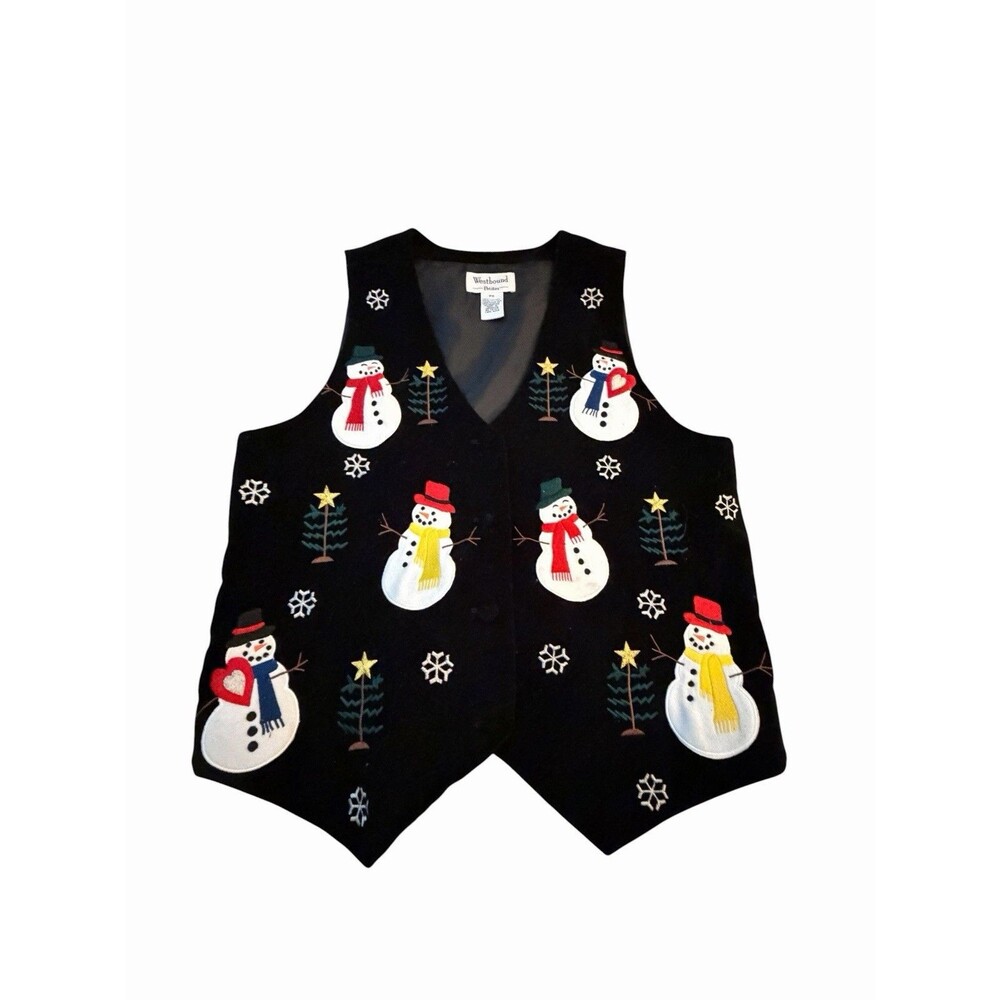 Westbound Vest Sz Petite Small Black Velvet Embroidered Colorful Jolly Snowmen